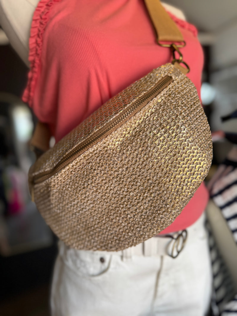 Solid Embroidered Crossbody Belt Bag / Fanny Pack: Gold
