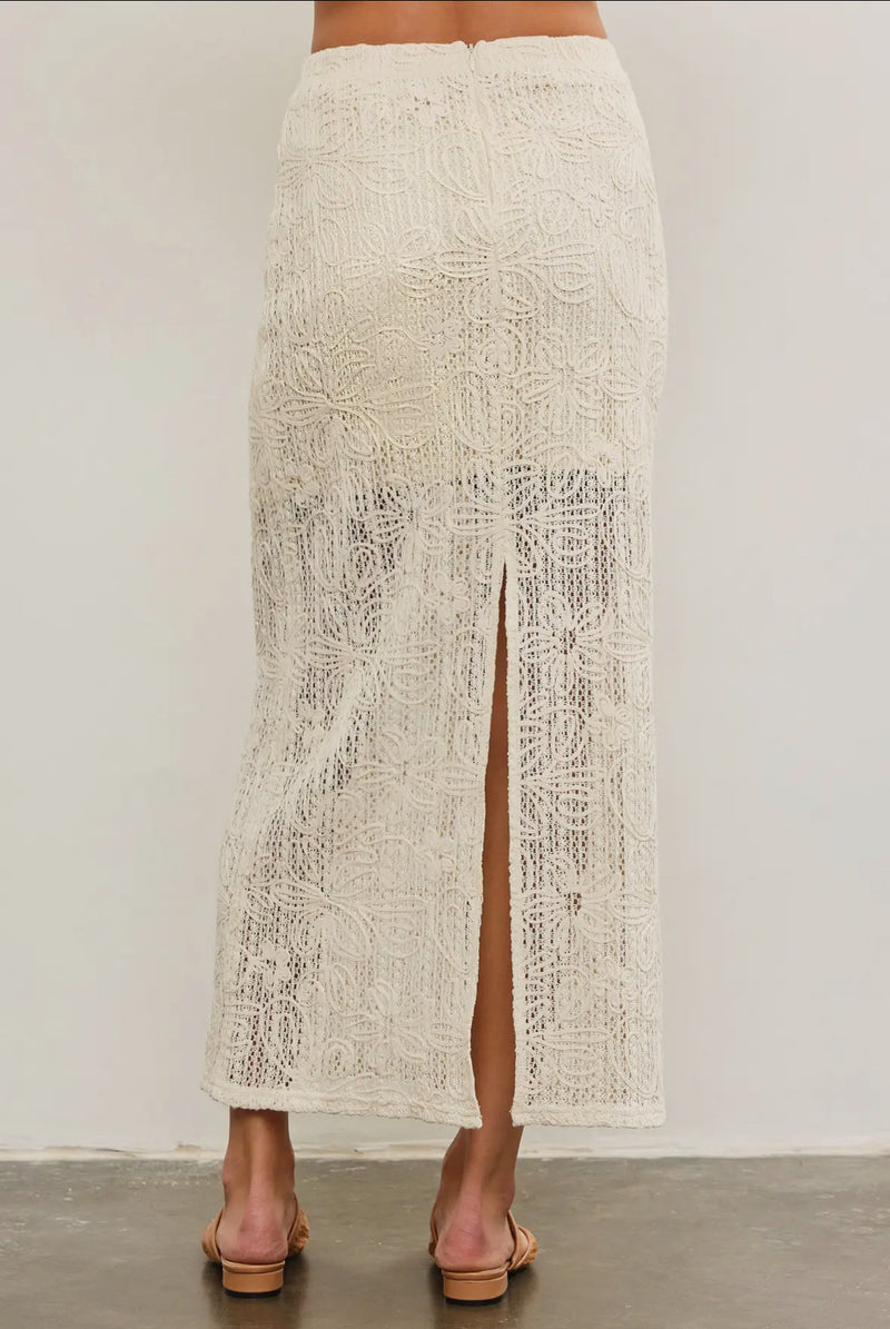 Floral Back Slit Lace Skirt | Beige