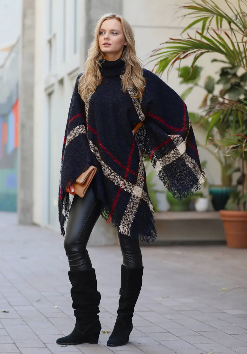 Turtleneck Pullover Poncho: Black and Red