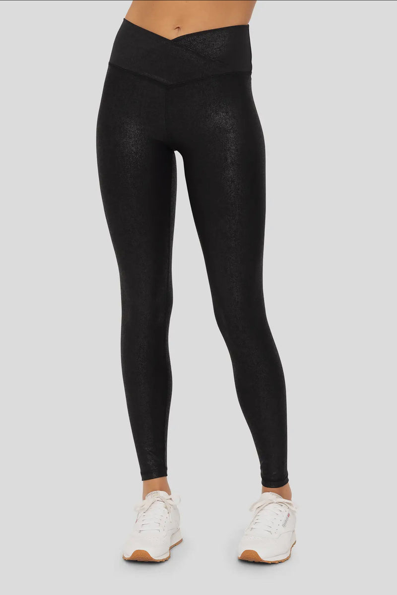 Leather Look Crossover Tummy Control Leggings | Black Foil