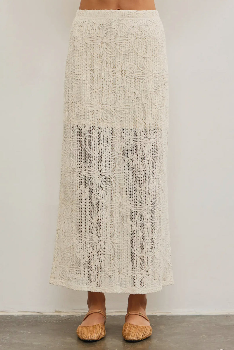 Floral Back Slit Lace Skirt | Beige