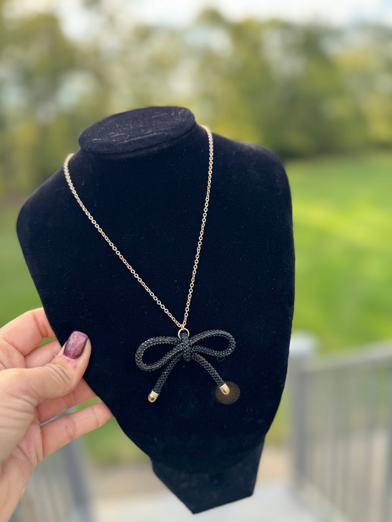 Rhinestone Bow Pendant Necklace | Black