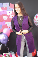 Purple Pop Sleeveless Notched Collar Long Sweater Vest