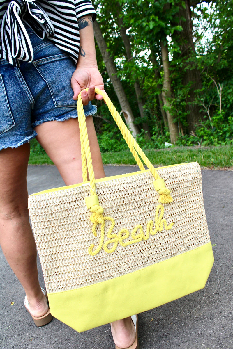 BEACH Message Embroidered Rope Handle Crochet Tote Bag: Yellow