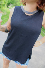 Button Back Slub Knit Cutout Muscle Tank | Black