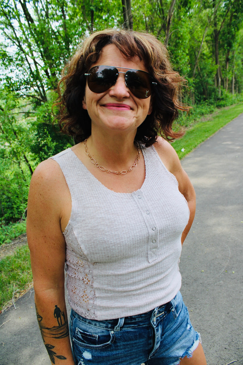 Lace Detailed Henley Top | Oatmeal