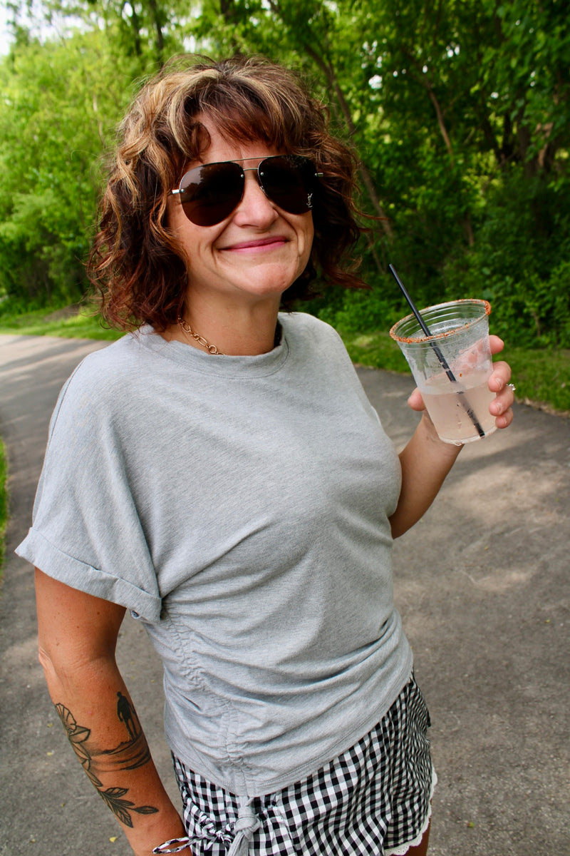 Basic Tee with Side Tie Ruching | Heather Gray