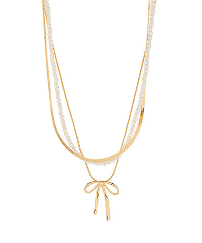 Pearl & Snake Chain Bow Triple Necklace