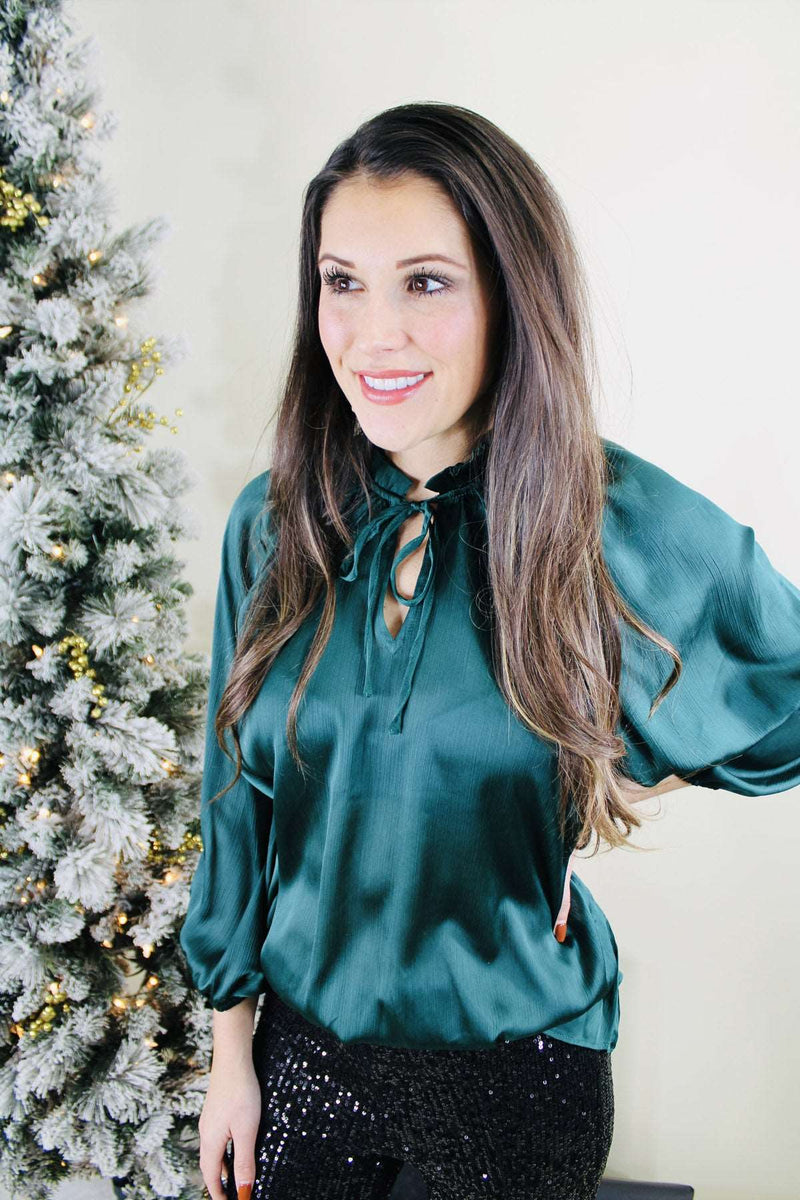 A Holiday Moment Satin Tie Front Blouse | Hunter Green