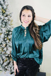 A Holiday Moment Satin Tie Front Blouse | Hunter Green