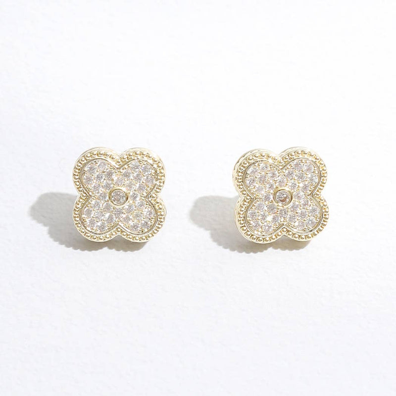 Gold Tone Outline CZ Pave Clover Post Earrings: EG / ONE SIZE