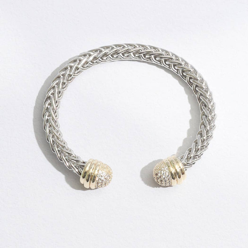 Braid Wire Design Bangle CZ Cylinder Edge Bracelet: B / ONE SIZE