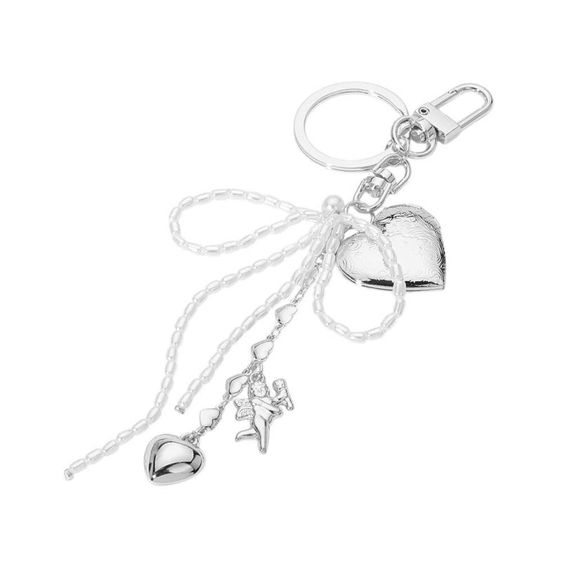 Pearl Beaded Bow Metal Heart Embellished Bag Charm Keychain: Silver