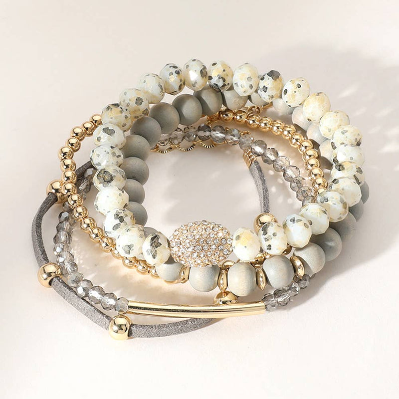 5PCS - Wooden Ball Faceted Beaded Stretch Multi Bracelets: Gray