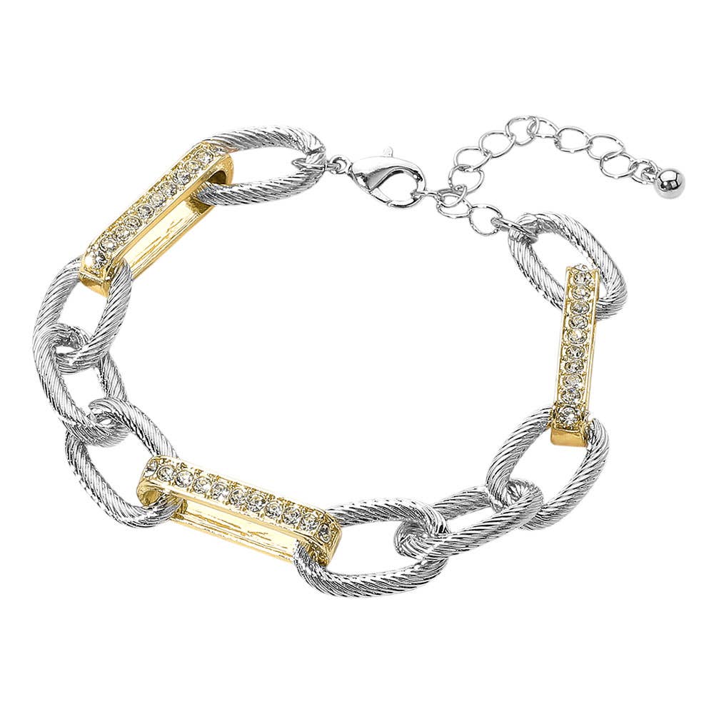 Stone Paved Two Tone Textured Metal Chain Link Bracelet
