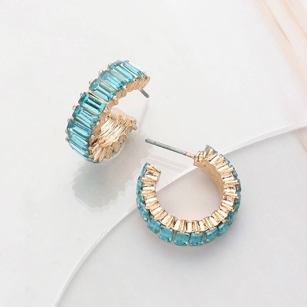 Baguette Stone Cluster Hoop Earrings: Light Blue