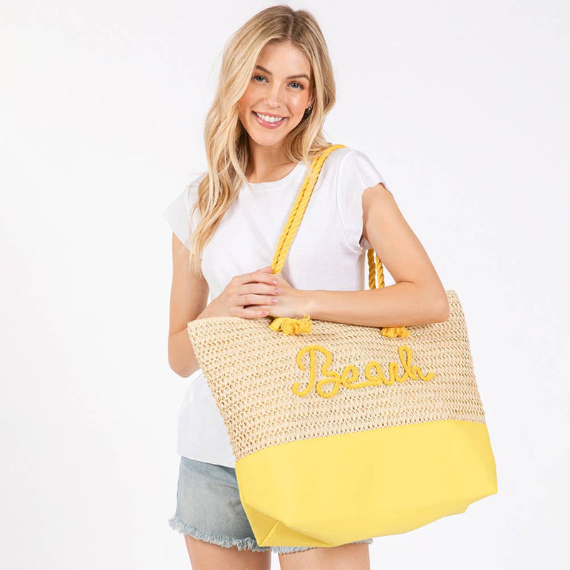 BEACH Message Embroidered Rope Handle Crochet Tote Bag: Yellow