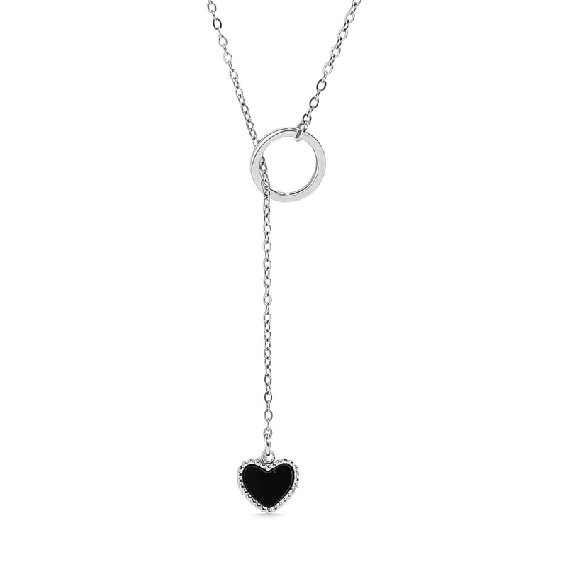 18K Gold PVD Stainless Steel Black Heart Lariat Necklace: Gold