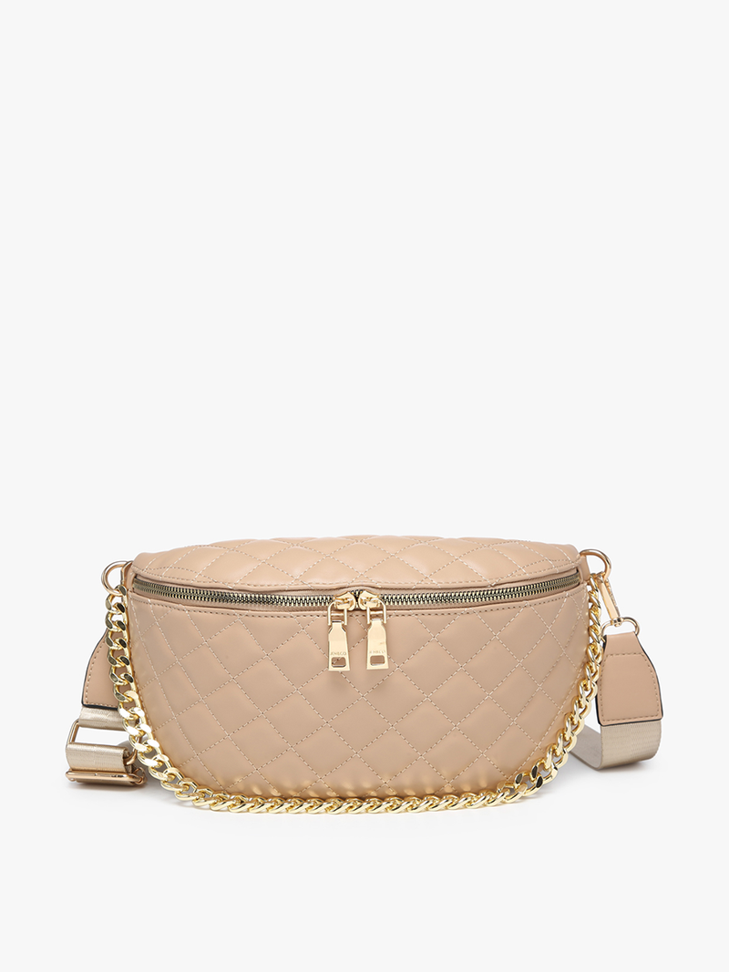 Sylvie Quilted Belt Bag with Chain Strap: Tan