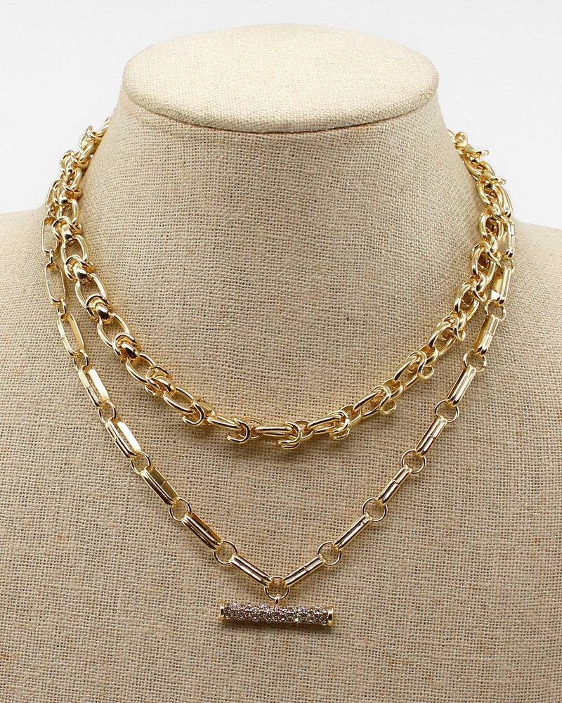 Gold Double Layered Chain with Rhinestone Bar Accent 16"-18" Necklace