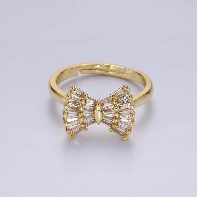 14K Gold Filled Clear CZ Baguette Bow Ribbon Adjustable Ring | O1084