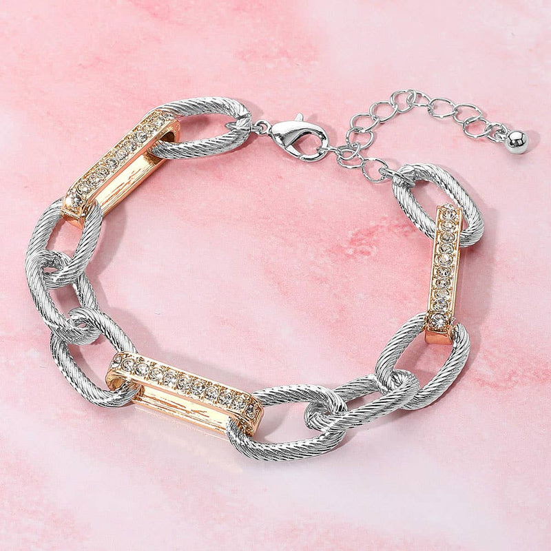 Stone Paved Two Tone Textured Metal Chain Link Bracelet