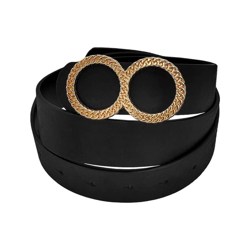 Textured Metal Double O Buckle Accented Faux Leather Belt: Black