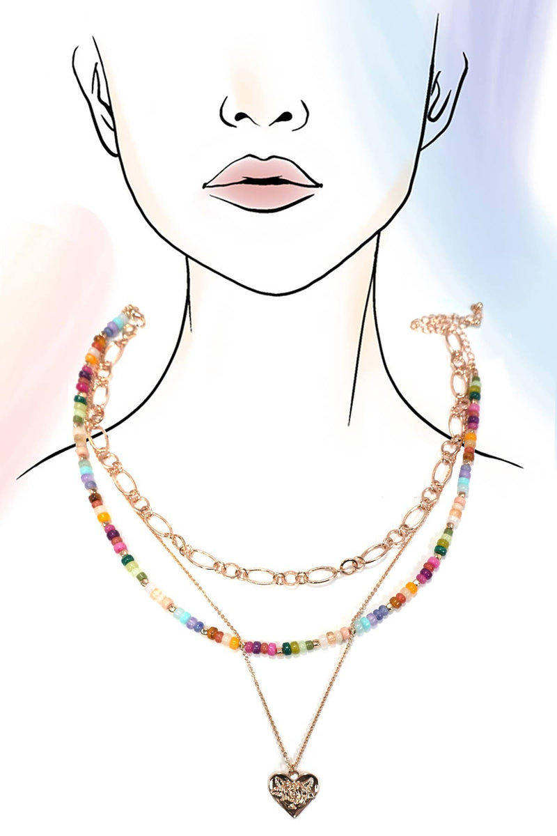 MULTI LAYERED BEADED HEART CHARM NECKLACE | 80N1243: GOLD