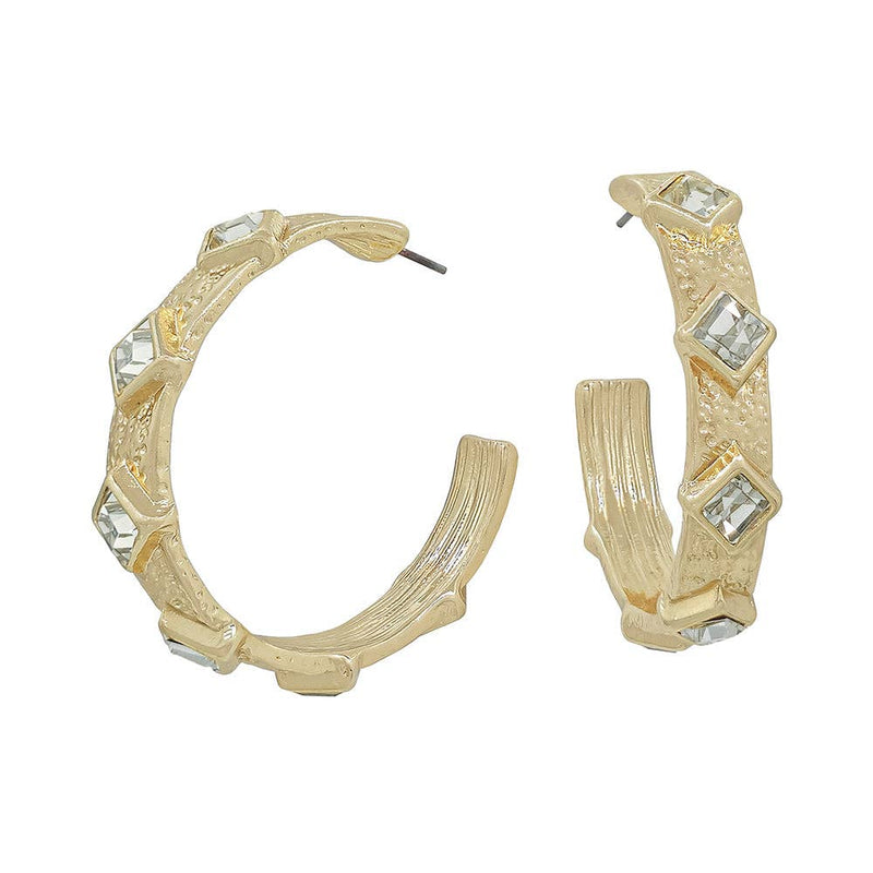 Gold Textured Hoop with Clear Diamond Crystals 2" Earring