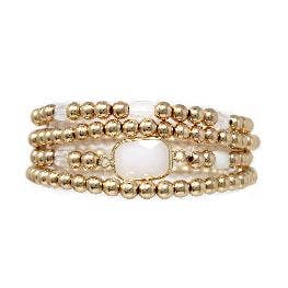 Set of 4 Gold Beaded and White Rectangle Stone Stretch Bracelets