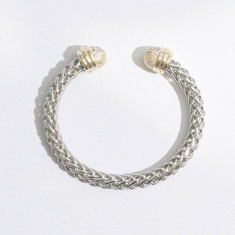 Braid Wire Design Bangle CZ Cylinder Edge Bracelet: B / ONE SIZE