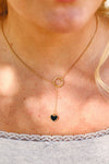 18K Gold PVD Stainless Steel Black Heart Lariat Necklace: Gold