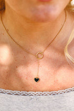 18K Gold PVD Stainless Steel Black Heart Lariat Necklace: Gold