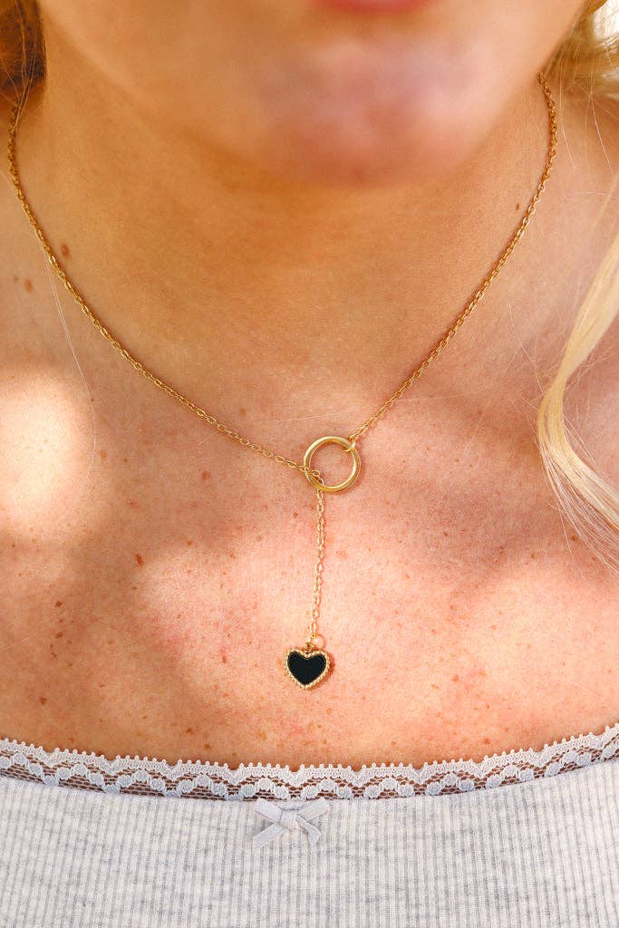 18K Gold PVD Stainless Steel Black Heart Lariat Necklace: Gold