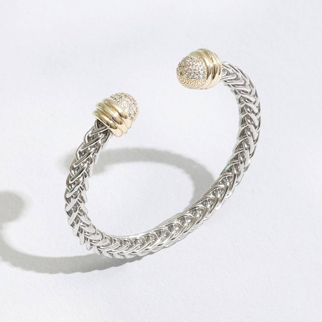 Braid Wire Design Bangle CZ Cylinder Edge Bracelet: B / ONE SIZE