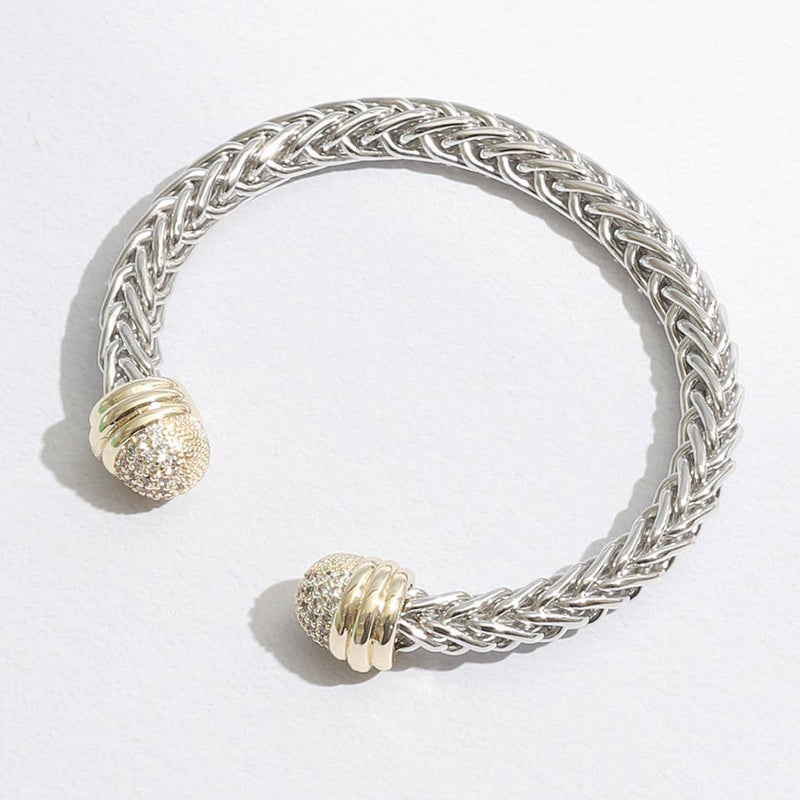 Braid Wire Design Bangle CZ Cylinder Edge Bracelet: B / ONE SIZE