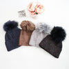 Faux Fur Pom Sparkly Ribbed Knit Winter Beanie Hat: Black