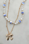 CERAMIC PORCELAIN PEARL BOW LAYER NECKLACE | 80N91555: Gold