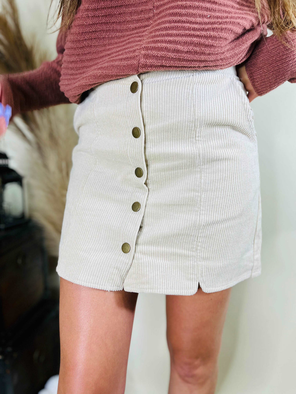 Call You Back Corduroy Button Skirt | Beige