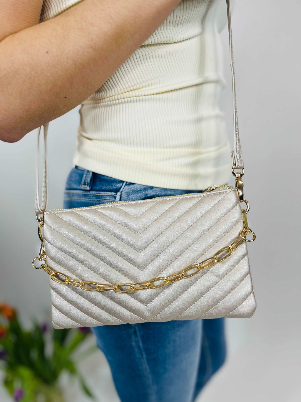 Champagne Metallic Quilted Crossbody