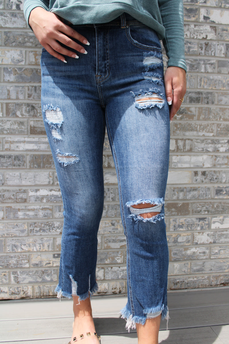 Risen High Rise Double Button Destroyed Jeans
