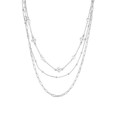 Silver Triple Layered Pearl and Clover 16"-18" Necklace