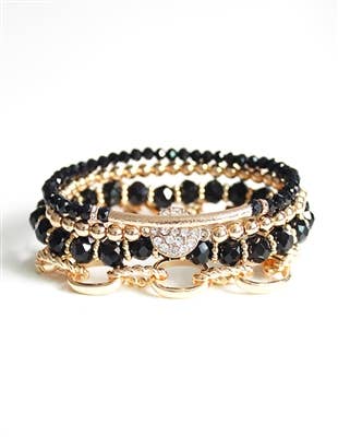 Black Crystal and Gold Chain Set of 5 Stretch Bracelet