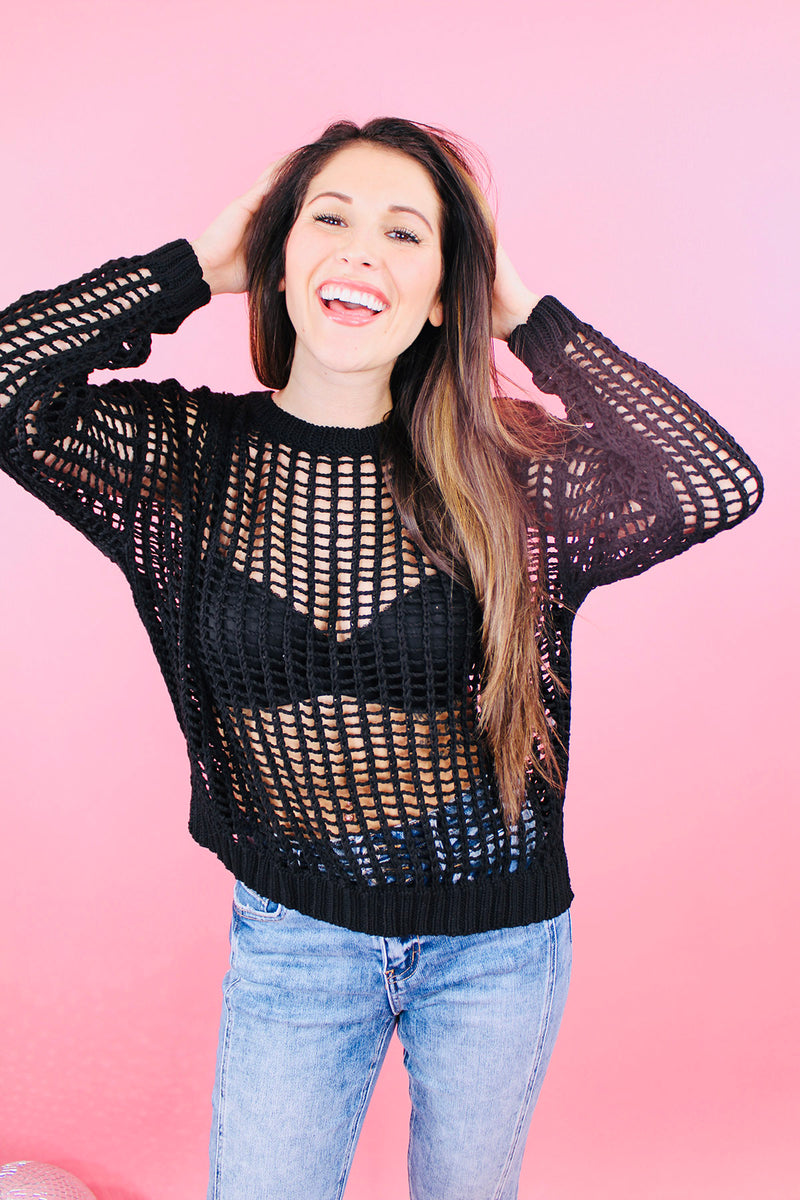 Take Me Away Crochet Sweater Top | Black