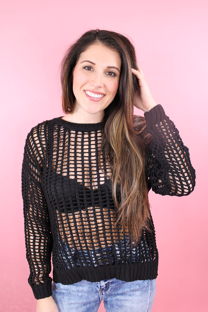 Take Me Away Crochet Sweater Top | Black