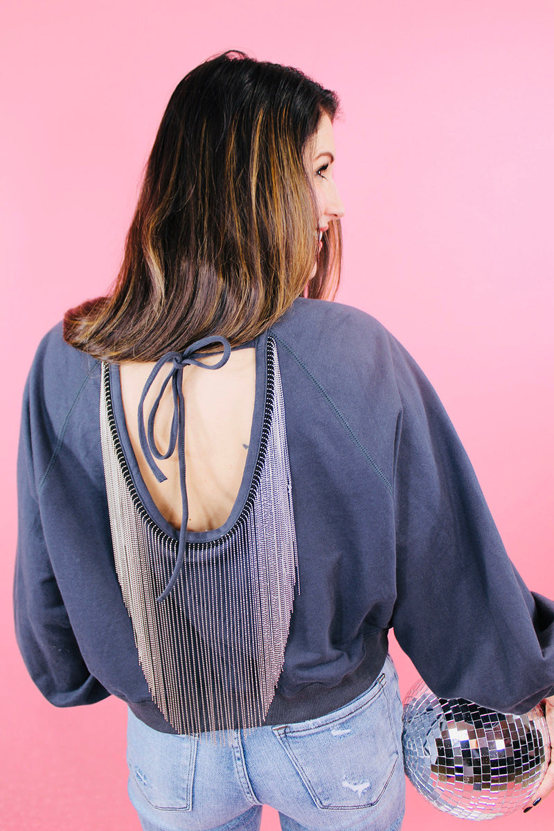 Nash Nights Fringe Back Crewneck | Charcoal