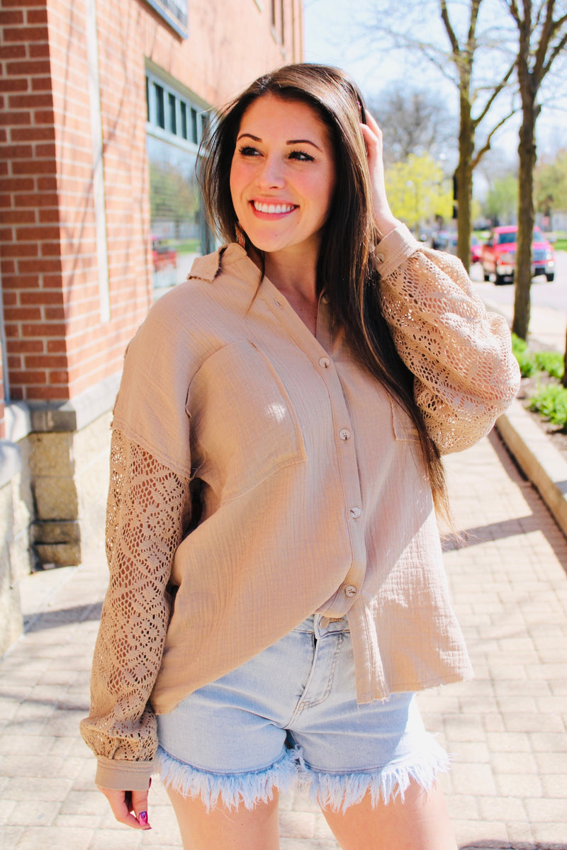 The Main Stage Crochet Sleeve Top Jacket | Taupe