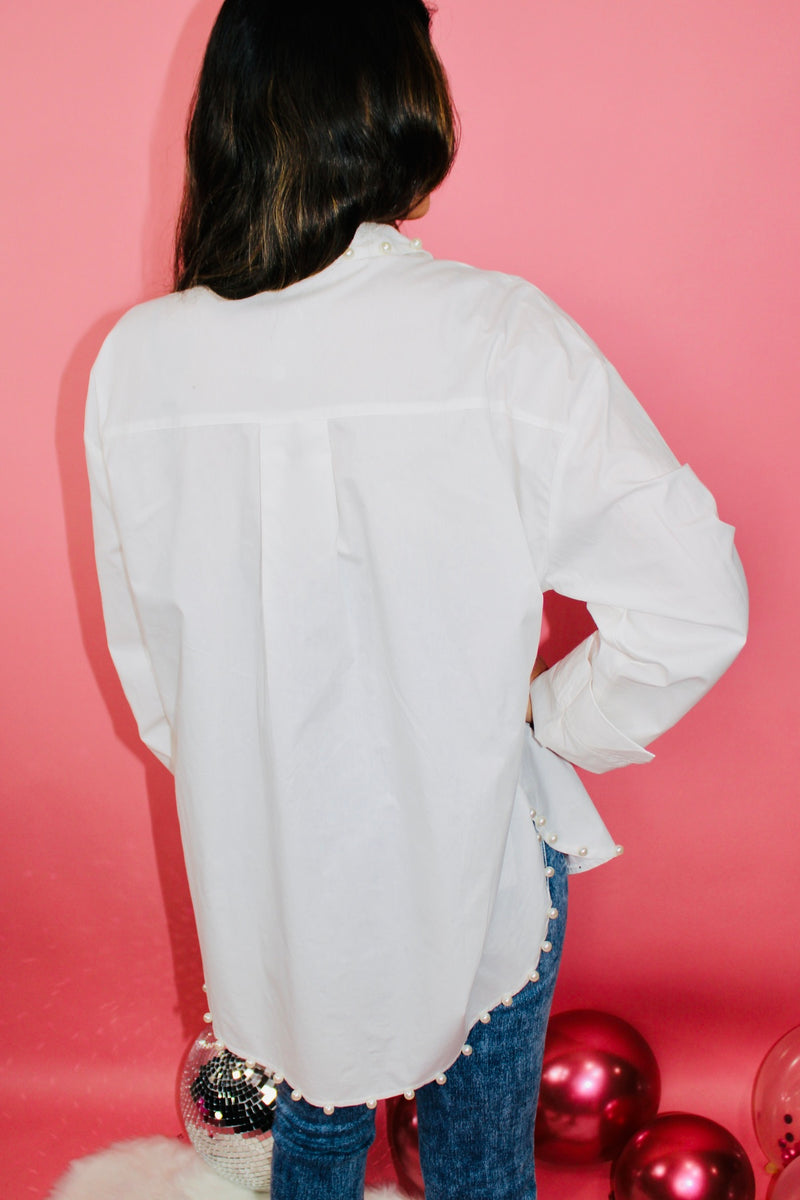 Risky Love Pearl Button Down Top | Bright White