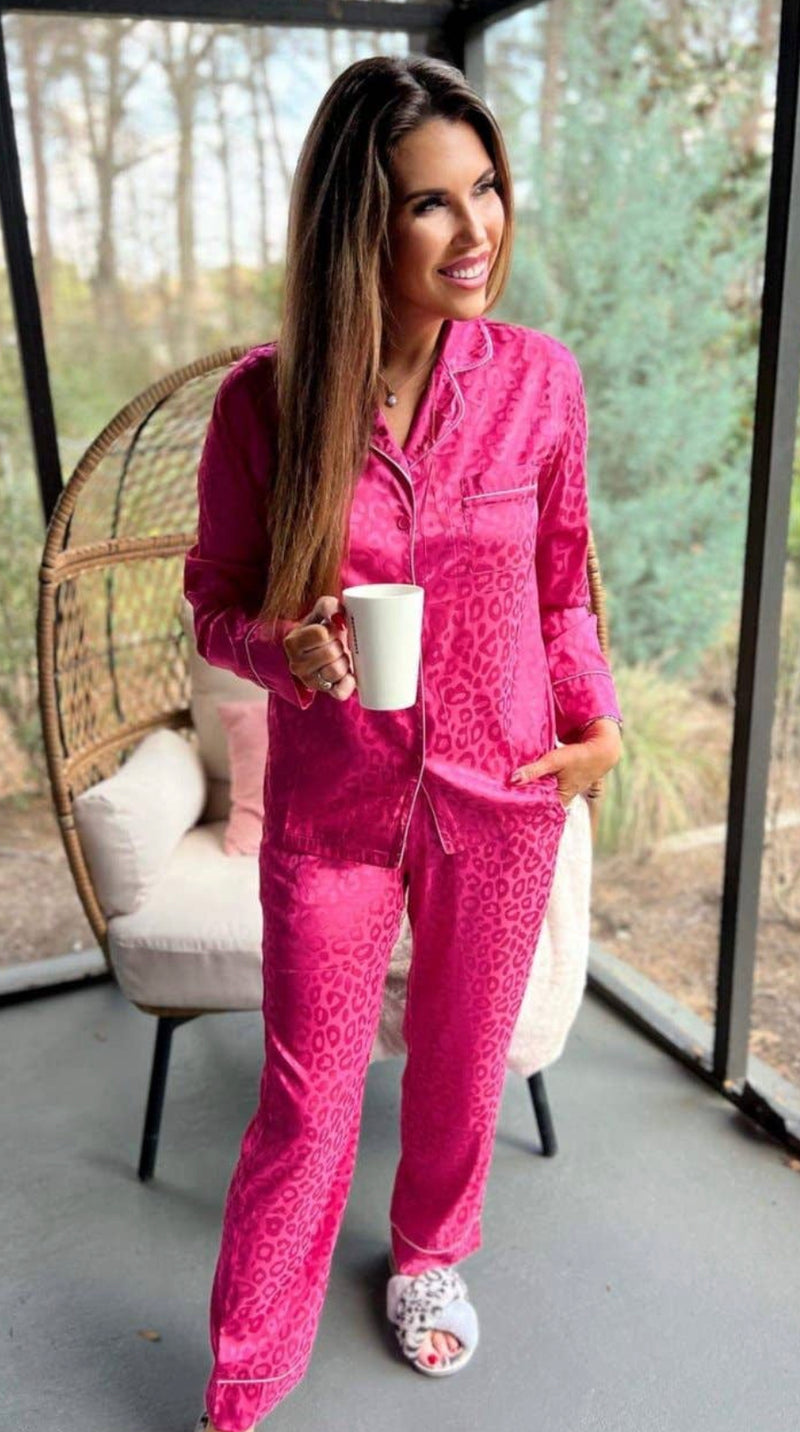 Wildly In Love Satin Leopard Pajama Set | Pink