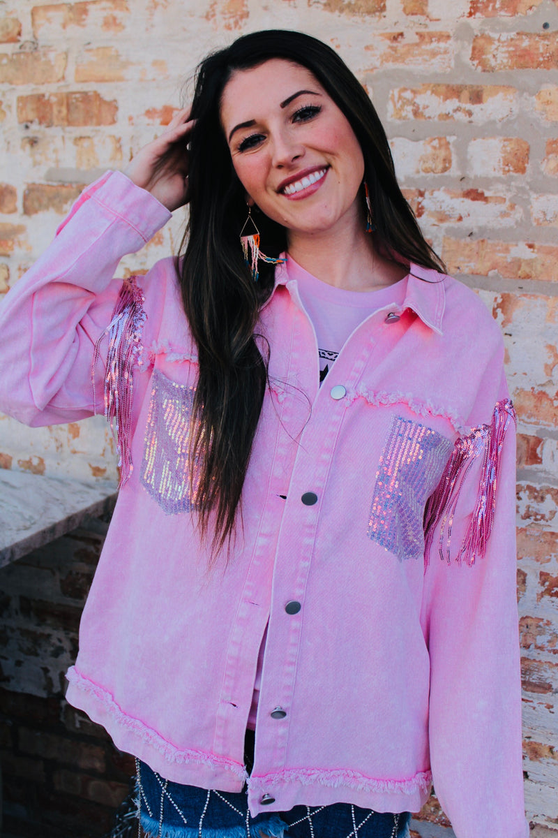 Swiftie Sequin Fringe Jacket | Light Pink